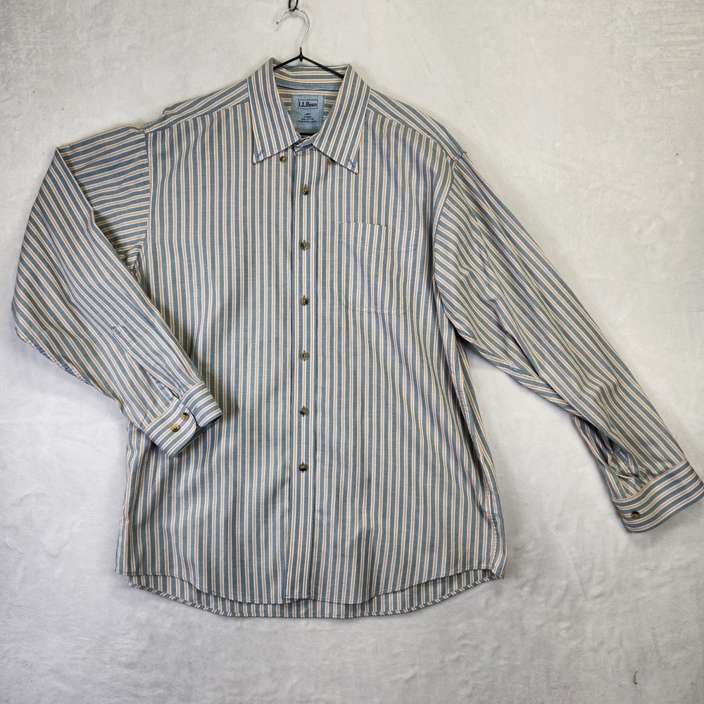 LL Bean Mens Large Regular Blue Tan Striped Cotton Long Sleeve Button Down Shirt